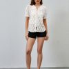 91hgjrIH6L.jpg Women Puff Short Sleeve Blouse Shirts Peter Pan Collar Button Down Embroidered Lace See Through Tee Tunic Tops